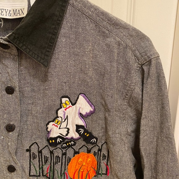 Halloween Embroidered Fall Pumpkin Casey & Max Gray cotton Button Down Shirt - Picture 3 of 11